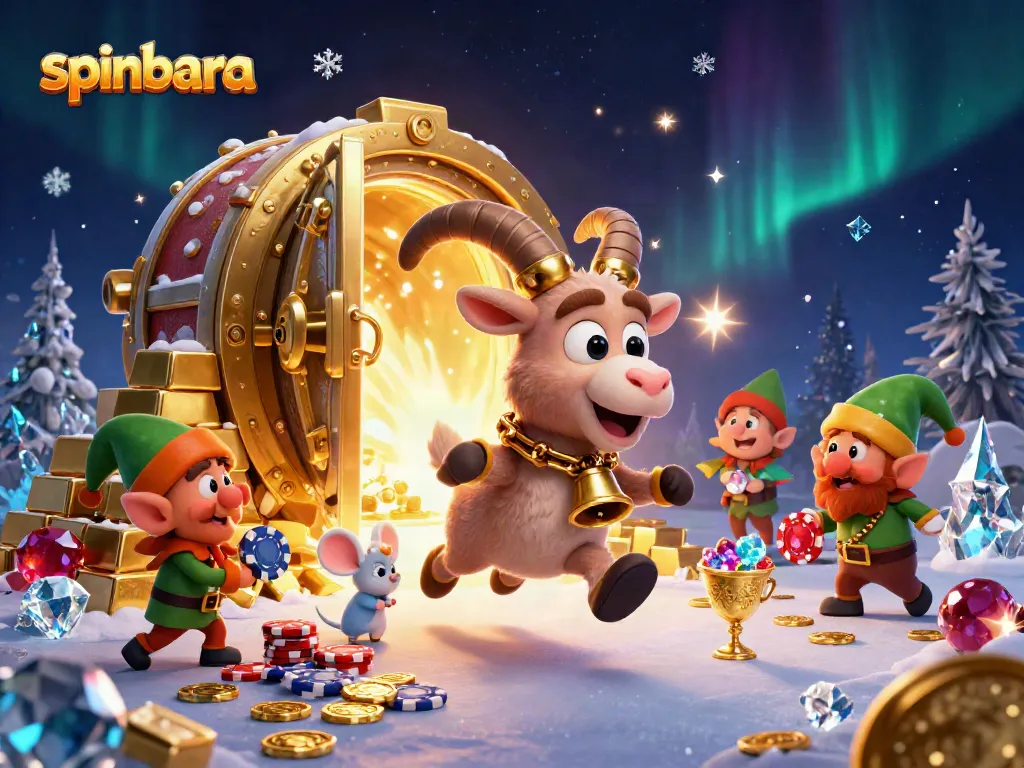 Spinbara casino scene featuring Krampus, an angel mouse, and mischievous gremlins in a festive setting.