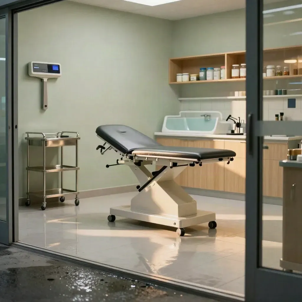 Interior de clínica veterinaria vacía con mesa de exploración, carro de acero y bañera de peluquería húmeda.