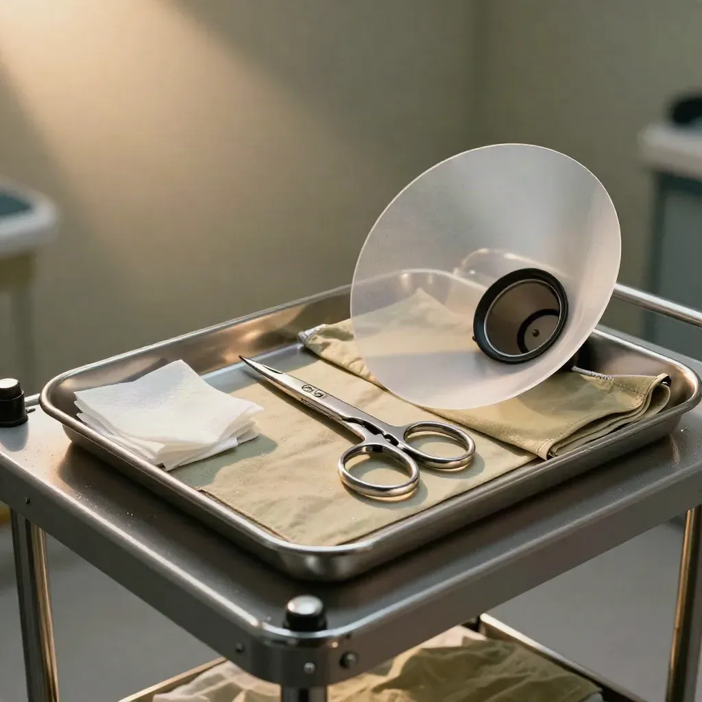 Kit de sutura, pinzas hemostáticas, gasas y collar isabelino en carro clínico con luz dramática.