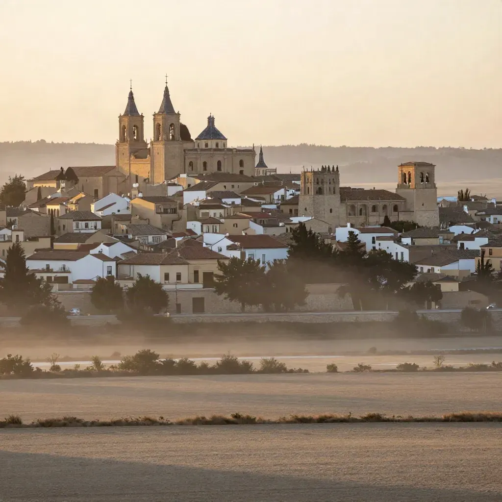 Vista de Alcalá de Henares al amanecer, con torreones y llanura brumosa.