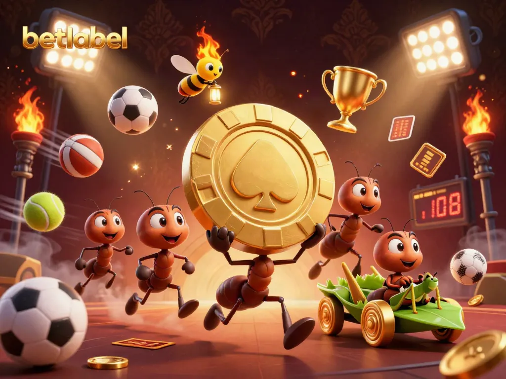 Join the betlabel heist with ants carrying a golden poker chip in this dynamic casino illustration.